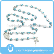 Christmas Jewelry Catholic Plastic Spirit Eves Blue Bead Necklace wih Jesus Sideway Cross Rosary Necklace
